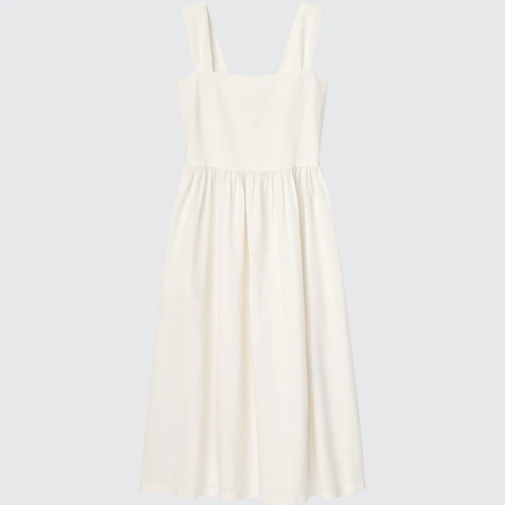 Uniqlo LINEN BLEND SLEEVELESS SHIRRING DRESS M off-white